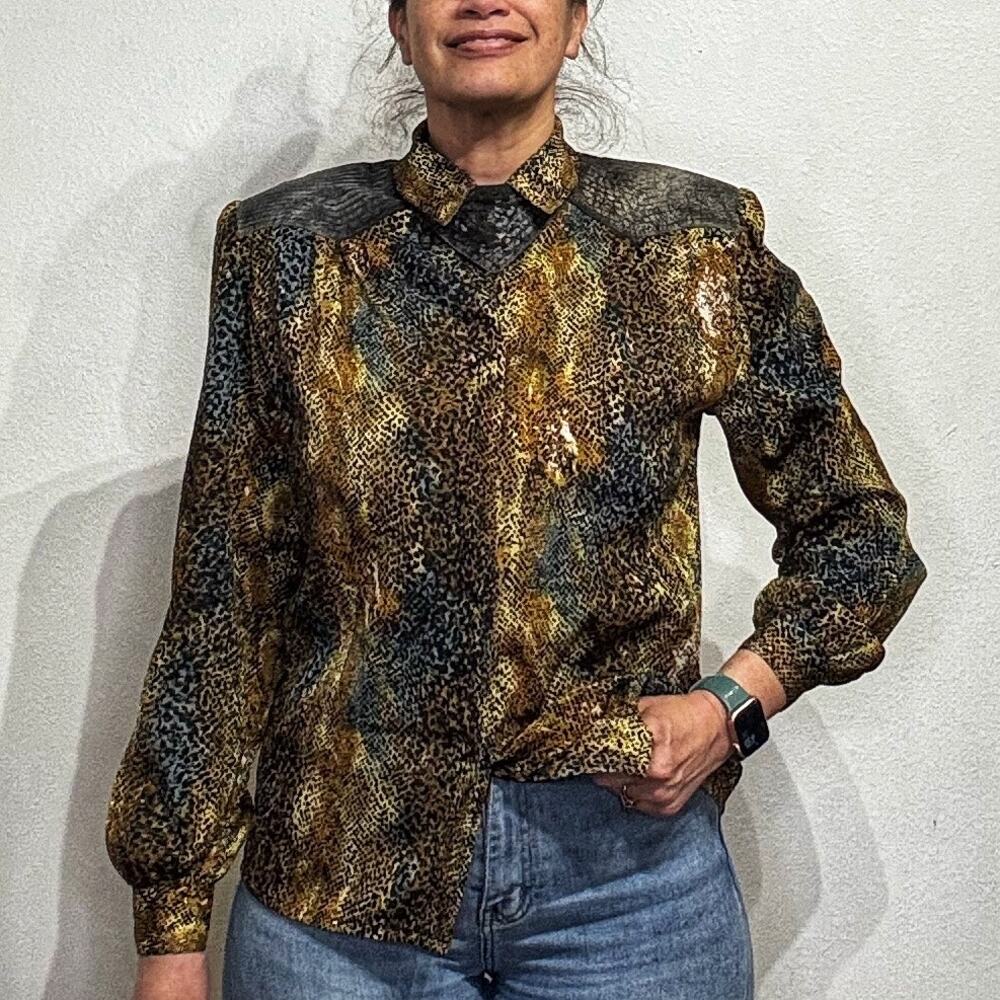Nicola Brown Animal Print Vintage Blouse Sz 8
